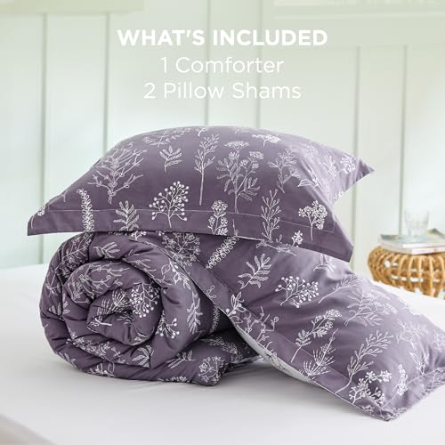 Image of Bedsure Grayish Purple Queen Comforter Set - Reversible Floral Bed Set, Soft Summer Lightweight Bedding for Bedroom, 1 Soft Botanical Flowers Comforter and 2 Pillow Shams