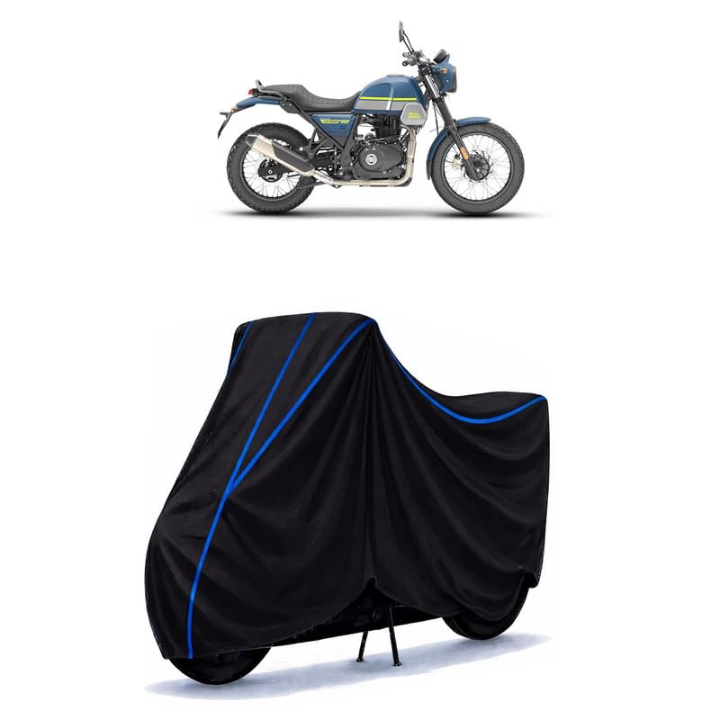 Image of Scrambler Bike Cover Water Resistant Universal Motorcycle Rain | Heavy Duty UV Protection, Dust, Scratch Indoor Outdoor All Weather with Black Blue Piping Elastic