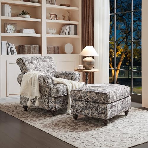Chenille Accent Chair with Ottoman and Footrest