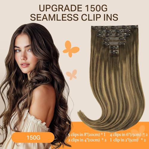 Image of DOORES Seamless Clip in Hair Extensions, Chocolate Brown to Caramel Blonde 130g 7pcs 16 Inch Virgin Straight Human Hair Clip Extensions for Women