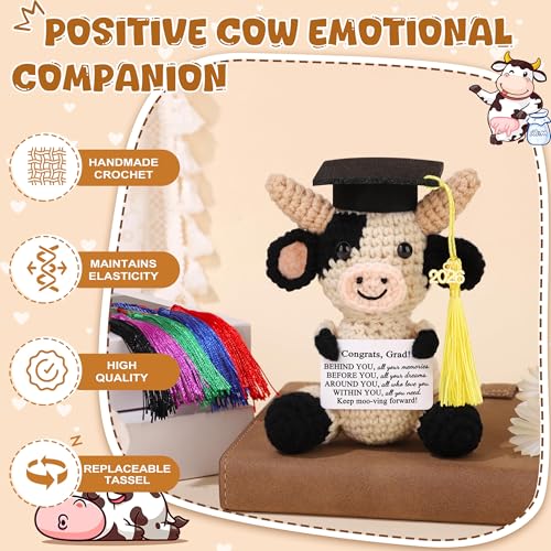JoycuFF Graduation Gifts 2026 Graduation Decorations Positive Crochet Cow Grad Gifts for Him Her 2026 Cute Congrats Class High School College Congrats Grad Sign