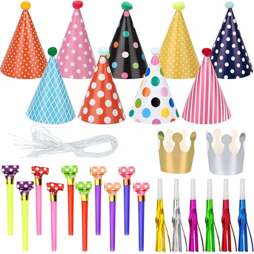 PANSYFEN 27pcs Sombreros de Fiesta Decoración de Cumpleaños DIY Sombrero de Papel con Pompones para Niños y Adultos Decoración de Fiestas de Cumpleaños