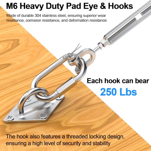Fologtoo 3/16\" Wire Rope Kit with 50ft Stainless Steel Cable, 3/16 Turnbuckles, M6 Chain Link & Pad Eye Hooks, 500 lbs Load Limit, Tension Cable Wire Kit for Shade Sails, Deck Railing, Clothesline