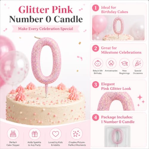 Image of Wanna Party Glitter Designer Pink Number 0 Birthday Candle, Numerical Cake Candle for 0th Birthday, Cake Cutting, Party Decoration & Celebration Supplies - 1PC