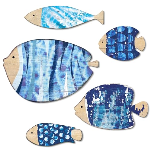 Putuo Decor Décoration Murale Poissons Bleu Marine, Lot de 5 Poissons Style océan, MDF Effet Bois, Motifs Rayures écailles, déco Coastal pour Salle de Bain...