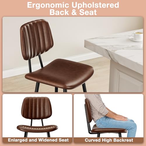 Image of Raynesys 24-Inch Leather Bar Stools Set of 4 with High Backrest, Dark Brown