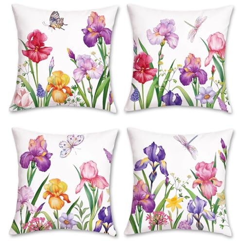 Bonhause Spring Floral Cushion Covers 45 x 45 cm Narcissus Iris Flower Decorative Throw Pillow Covers for Sofa Bed Patio Garden Decor Set of 4