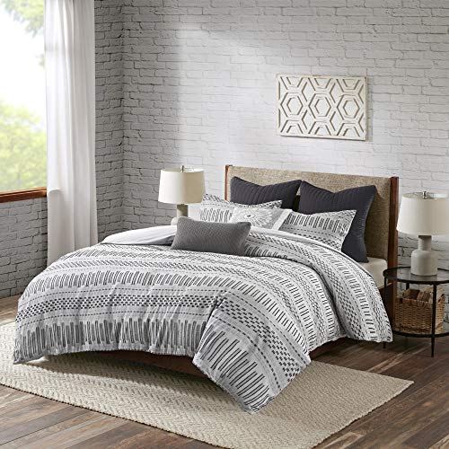 Image of INK+IVY Rhea 100% Cotton Duvet Set Mid Century Modern Boho Design, All Season Comforter Cover Bedding Set, Matching Shams, King /Cal King, Geometric Clipped Jacquard Grey 3 Piece