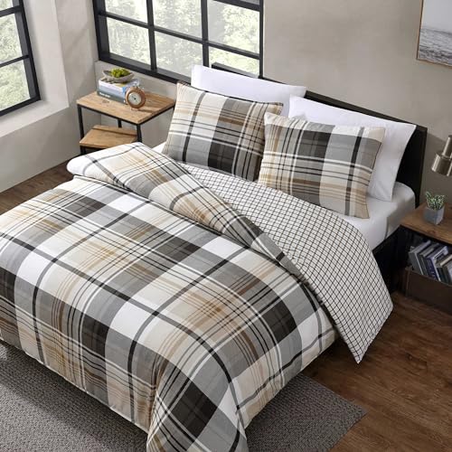 Image of Eddie Bauer- Twin Duvet Cover Set, Reversible Microsuede Bedding Set with Matching Sham, Dorm Essentials (Normandy Plaid Black /Brown)