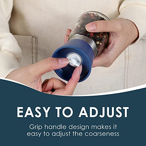 Vzaahu Salt And Pepper Grinder Set Blue - Refillable Small Sea Salt & Peppercorn Shakers Set, Adjustable Coarseness, Ceramic Burr, Premium Glass Salt & Pepper Mill #TOP2