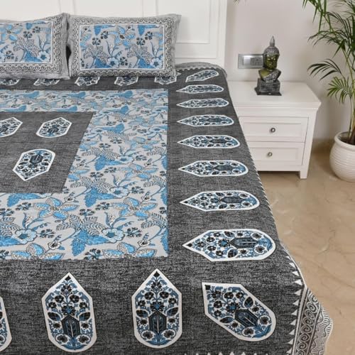 Image of Jaipur Weaves Jaipuri Double Bed Cotton Bedsheet Queen Size 90x85, 120 TC 100% Pure Cotton Bed Sheet with 2 Pillow Covers, Floral Traditional Print (Aqua, Double)