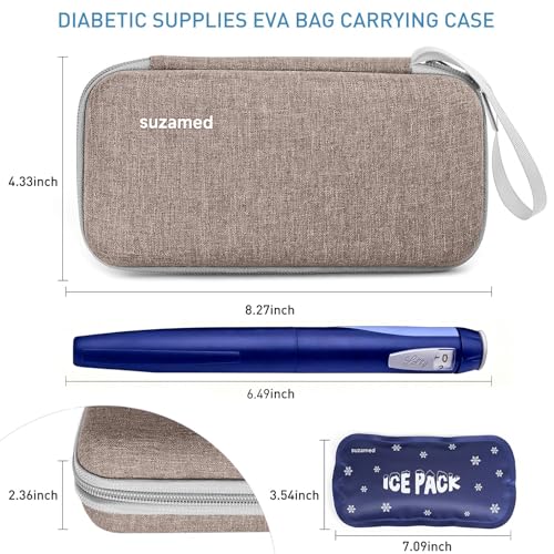 Image of suzamed Insulin Cooler Travel Case, 2x150g Ice Pack TSA Approved, Brown | EVA Insulation Travel Medicine Kit for 1-5 Pens & Diabetic Supplies, Diabetes Care, Portable Handle for Daily Use & Trip