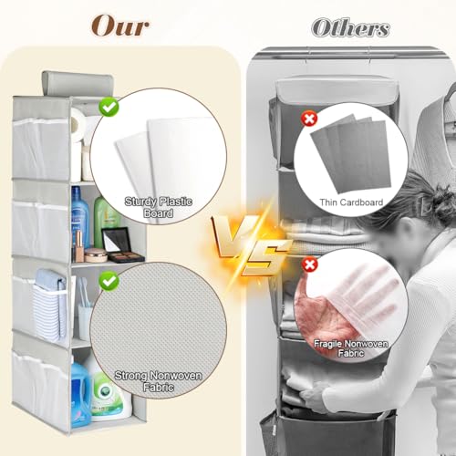 AOOWU Hängeorganizer, Kleiderschrank Organizer Hängend mit 4 Fächern, Hängeregal, Hängeaufbewahrung mit 8 Seitentaschen, Ordnungssystem Kleiderschrank,Tür-Organizer Faltbar und mit Klettverschluss