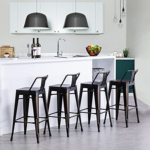 Alunaune 24" Metal Bar Stools Set Of 4 Industrial Counter Height Bar Stools With Back Kitchen Bar Chairs Wooden Seat-Distressed Gold Black #TOP3