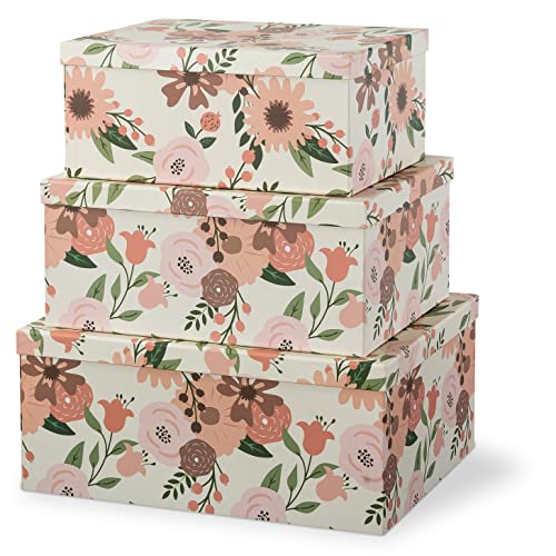 Soul & Lane Decorative Cardboard Boxes With Lids For Home Décor Peach Blossoms - Set Of 3: Pretty Large Nesting Gift Boxes, Memory Boxes For Keepsakes, Floral Paperboard Storage Boxes For Organizing #TOP15