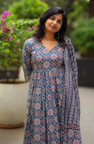 Image of Nermosa Women Printed Cotton Anarkali Kurta and Pant with Dupatta | Printed Kurta Set | Cotton Kurta Set | Summer Office Wear |