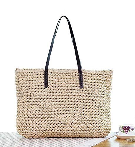 Bolsa de playa de paja para verano, con cierre de cremallera y varios compartimentos, gran capacidad para la compra, uso diario, oficina, vacaciones. beige