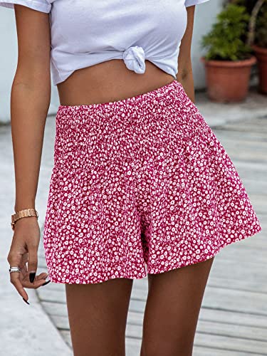 Shein Women's Ditsy Floral Shirred Summer Shorts High Waist Wide Leg Shorts Red X-Large #TOP3
