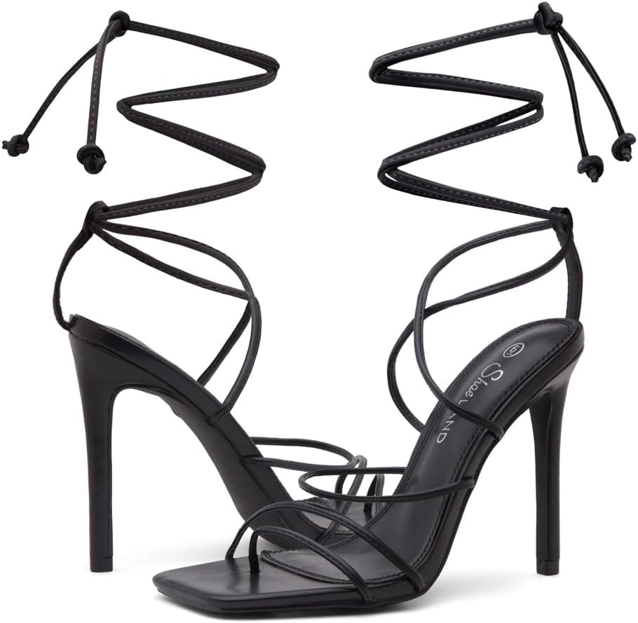 Shoe Land SL-Finely Women's Lace-Up Heels, Square Open Toe Ankle Wrap Tie-Up Heeled Sandals, 4-Inch Stiletto Strappy Dress Sandals for Party, Wedding, and Prom - Image 6