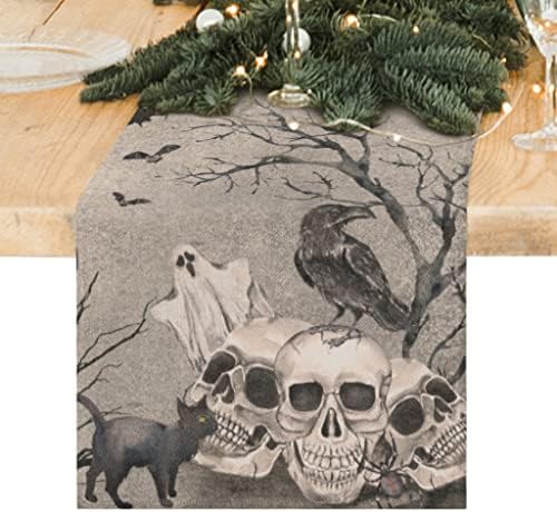 Halloween Table Runner 72 Inches Long, Vintage Cool Skull Black Cat Dresser Cover Gray Black Skeleton Burlap Day of Dead Table Decor for Kitchen Indoor Home Party