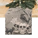 Halloween Table Runner 72 Inches Long, Vintage Cool Skull Black Cat Dresser Cover Gray Black Skeleto