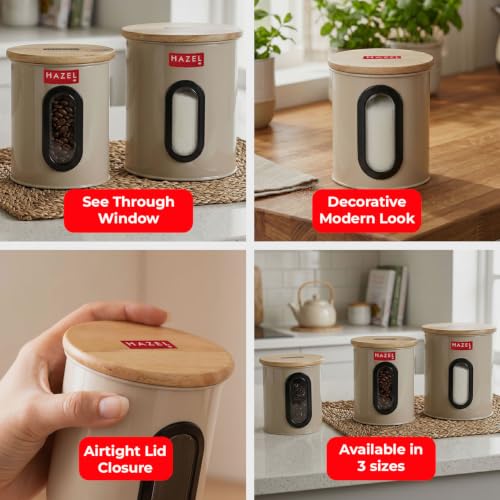 Image of HAZEL Airtight Container with See Through Window & Wooden Lid, Set of 3 | Kitchen Storage Canisters