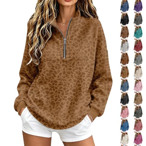 Womens Quarter Zip Pullover Leopard Printed Mock Neck Oversized Sweatshirt - image 1