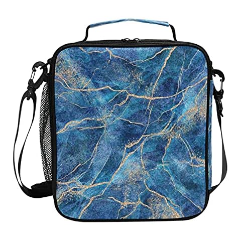 HMZXZ Blue Marble Texture Lunch Bag Box for Women Teens Girls Cooler Insulated Lunch Bag Tote Freezable Shoulder Strap Waterproof Picnic Meal for School Office Work Cover