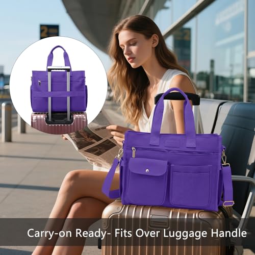 WAYMAX Large Canvas Tote Bag Set for Women, Work Teacher College Travel Shoulder Handbags, Crossbody Laptop Purse (9245M/Purple) by WAYMAX - Used condition - Image 5