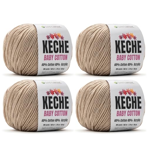 Image of Keche Cotton Yarn, 60% Cotton 40% Acrylic Yarn, Soft Cotton Yarn for Crochet and Knitting, Amigurumi Yarn 4 Skeins /Balls [1.76 Oz (50g) / 180 Yrds (165m)] x 4 - Sand