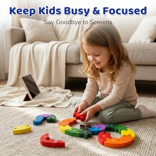 3 Pack Wooden Alphabet and Numbers Animal Puzzles Bundle, Double Sided Snake Snail Dinosaur Jigsaw Set for Toddlers, Montessori Educational Toy for Kids Preschool Learning - Image 4