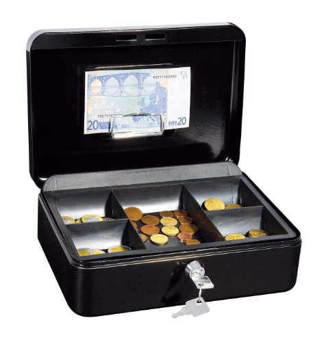 Preisvergleich Produktbild Wedo 145321H Geldkassette (aus pulverbeschichtetem Stahl, versenkbarer Griff, Geldnoten- und Belegeklammer, 5-Fächer-Münzeinsatz, Sicherheits-Zylinderschloss, 25 x 18 x 9 cm) schwarz