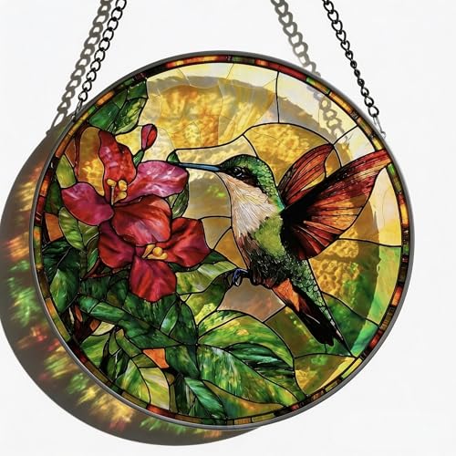 KaleDora Hummingbird Stained Glass Suncatcher 7.87 Inch Window Hanging with Red Flowers for Indoor Outdoor Home Decor Unique Gift for Women Mom on Mothers Day Birthday Housewarming
