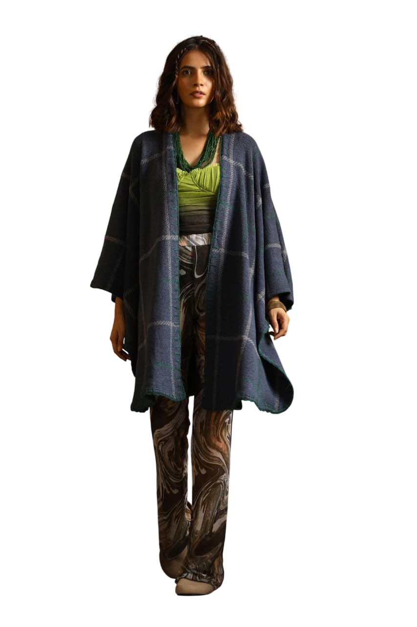 khaleej Womens Cape Wool Outerwear | Draped Cape Style Layer with Open Front Shawl Design | Woolen Textured Fabric with Contrast Border | Contemporary Indo-Western Fashion, Blue-picture-30