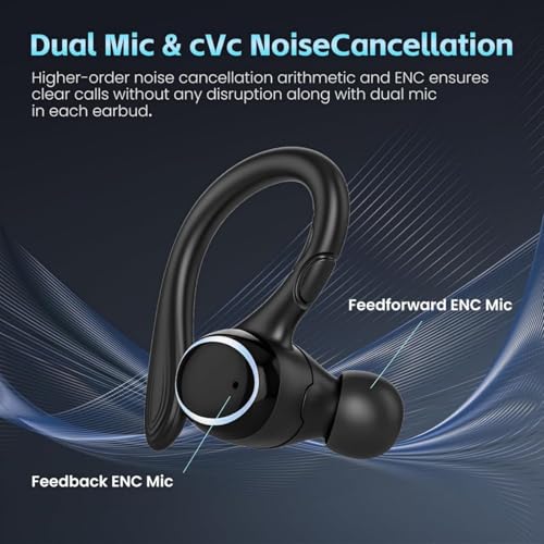 Image of Wireless Earbuds Bluetooth 5.3 Headphones Stereo Ear Buds, ENC Noise Cancelling Mic,IPX7 Waterproof Earphones with Hook for Android iOS Smart Phone Laptop Computer Sports - Black