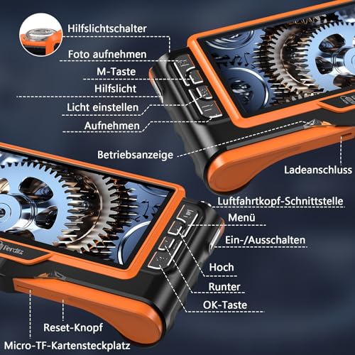 Ferdiiz 7 IPS Endoskopkamera mit Licht, 1920P HD Dreifachlinse - IP68 Wasserdichte Inspektionskamera, 8+2 LED Rohrkamera, Halbstarres Kabel mit Taschenlampe, Auto, Rohre & Haus, Plug & Play - 5m/16ft
