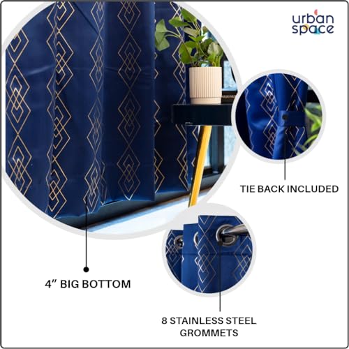 Image of Urban Space 80-85% True Blackout Curtains for Window, Gold Foil Printed Blackout Curtains, Decorative Window Curtain Eyelet with Tieback, 1 Piece Curtain for Living Room(Diamond Navy Blue, 5 Feet)