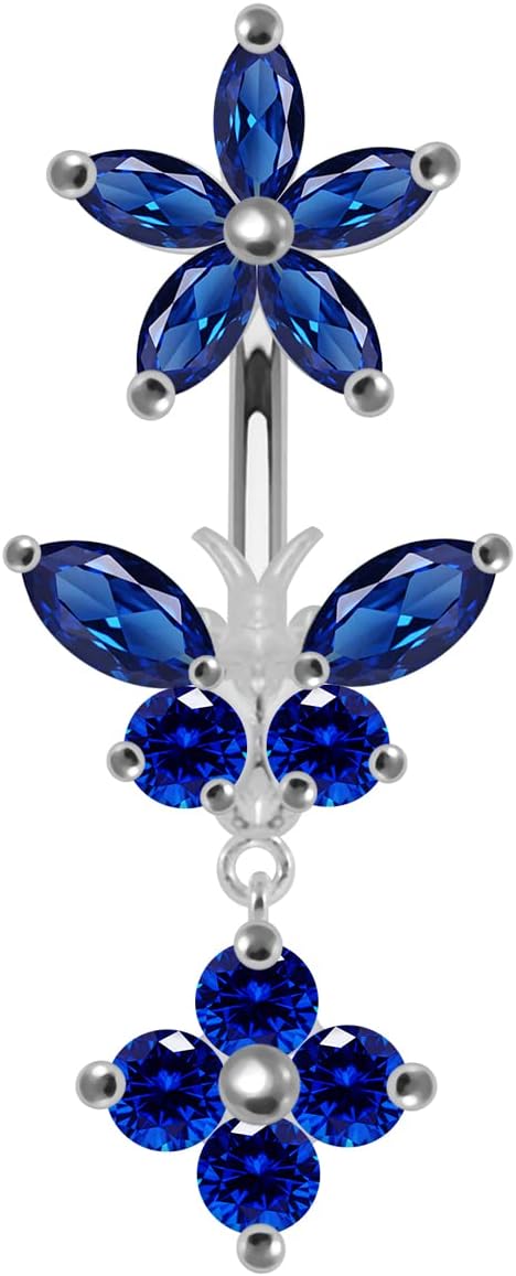 Flower with Butterfly Dangling Double Side Design 925 Sterling Silver with Stainless Steel Belly Ring - Belly Button jewelry - Navel jewelry - Silver Navel Ring