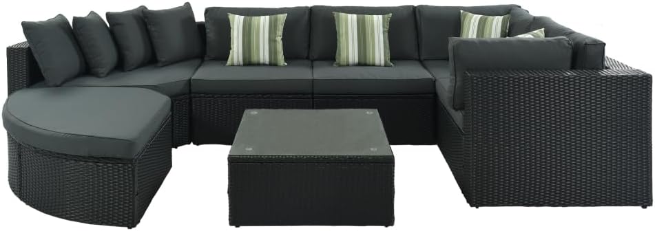 GO 7-Piece Outdoor Wicker Sofa Set, Rattan Sofa Lounger, with Striped Green Pillows, Conversation Sofa, for Patio, Garden, Deck, Black Wicker, Gray Cushion