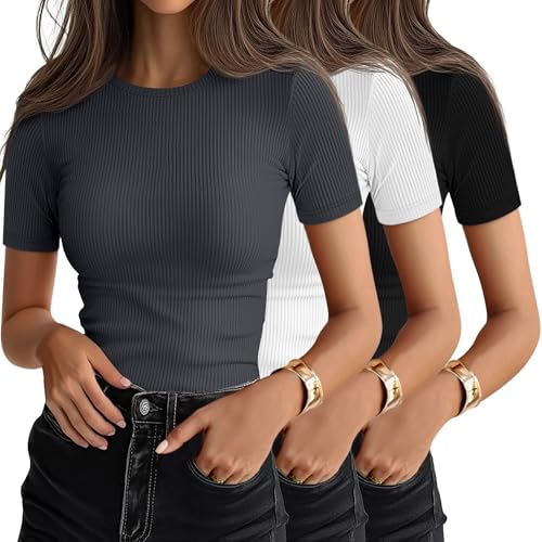 Ficerd 3 Pack Women's Ribbed Short Sleeve T-Shirts,Medium,Black, White, Dark Gray
