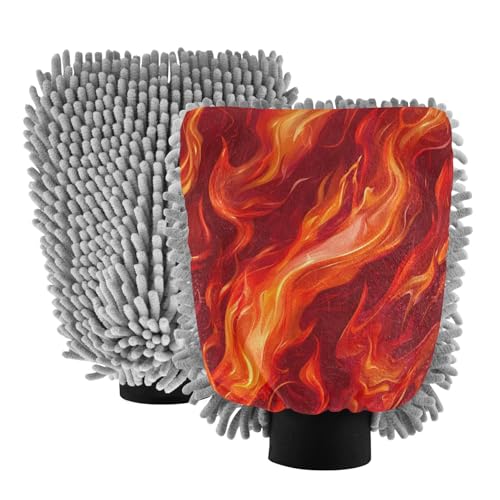 STAYTOP Orange Fire Car Wash Mitt Microfiber, 2Pcs Scratch Free Lint-Free, Premium Chenille Microfiber Mitt Car Wash Brush-M
