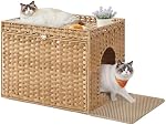 Feandrea Coffret à litière pour chat, Articles de literie cachés en rotin tissés à la main Meubles avec matelas à literie supplémentaire, Plateau lavable amovible, Boho Cat House, Table de fin, Goose Yellow UPCL014K01