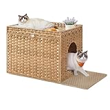 Feandrea Cat Litter Box Enclosure, Handwoven Rattan Hidden Litter Box Furniture with Extra Litter Mat, Removable Washable Tray, Boho Cat House, End Table, Goose Yellow UPCL014K01