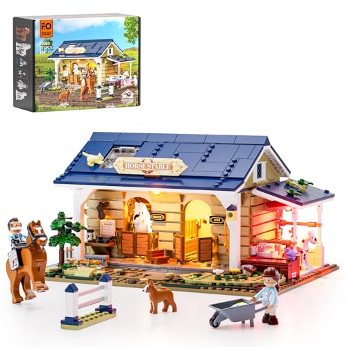 FUNWHOLE Pferdestall Beleuchtetes Baustein-Set – Farmhaus Kollektion LED Licht Tierstall Baukasten 973 Teile für Erwachsene und Jugendliche