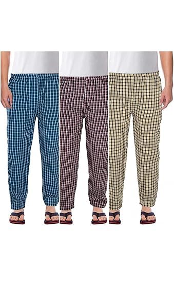 Image of DIGITAL SHOPEE Men's Cotton Checkered Pajama Bottoms, Multicolor Plaid Lounge Pants, Pack of 3