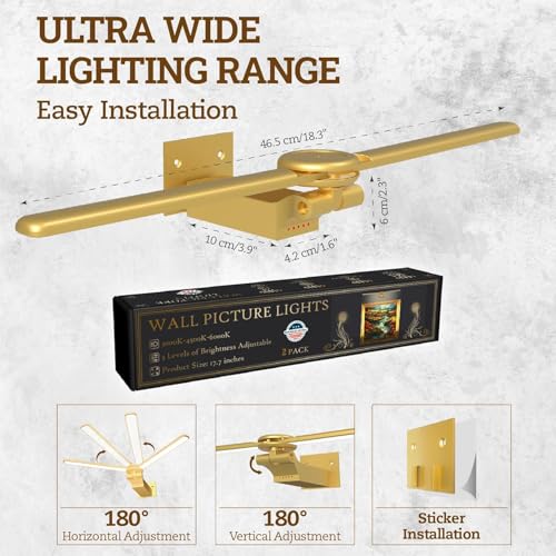 Image of 2 Pack Picture Light for Wall, 18in Rechargeable Wall Art Light with Timer and Dimmable, Battery Operated Painting Frame Light with Remote Control for Bedroom, Living Room, Dartboard (Gold)