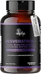 Trans Resveratrol Plus 165mg + Coenzima Q10 + Ácido Hialurônico + Biotina + Vitamina B12 + Niacina + Zinco 60 Cápsulas Premium Capfy Nutrition Suplemento Antienvelhecimento para Saúde da Pele Cabelo Unha