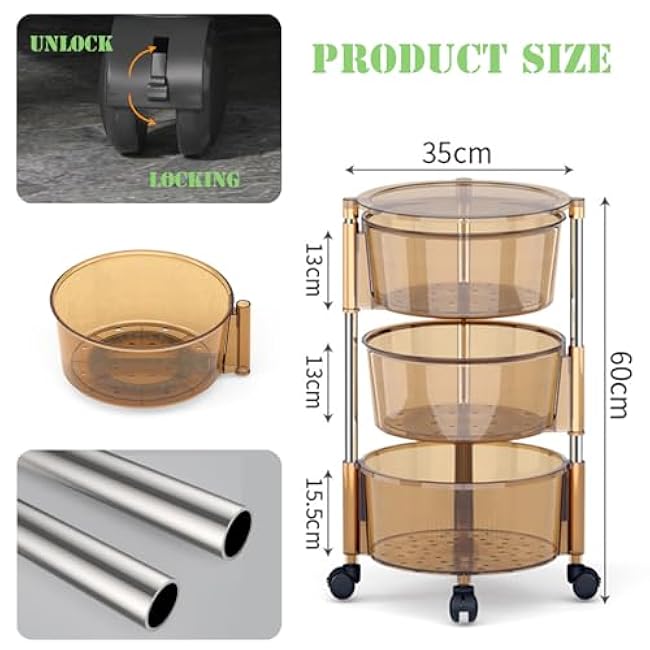 3-Tier Clear Rolling Storage Cart with Lockable Wheels and Rotating Basket, Mobile Shelving Unit Organizer for KitchenOrange,13.8 Dx23.6 H-nP3uD13V