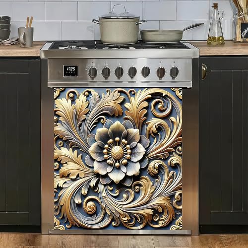 Image of HOMETITUTE Baroque Floral Magnetic Dishwasher Cover 23x26 Inch Gold Flower Embossed Panel Decorative Magnet Sticker for Kitchen Appliance Fridge Refrigerator Door Home Decoration Metal Surface Wrap