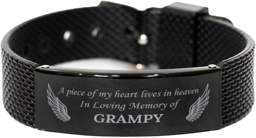 Grampy Remembrance Black Shark Mesh Bracelet, A Piece Of My Heart Lives In Heaven, Best Memorial Gifts for Loss of Loved One, Sympathy Gifts For Men Women
